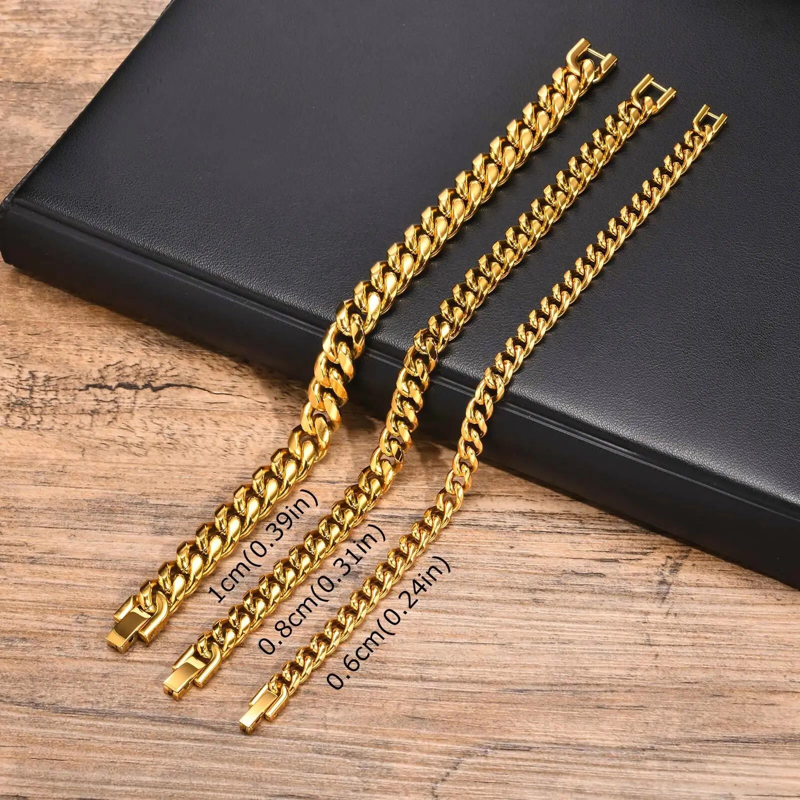 Three gold color cuban chain bracelets in varying widths made of stainless steel for hip hop male jewelry gift