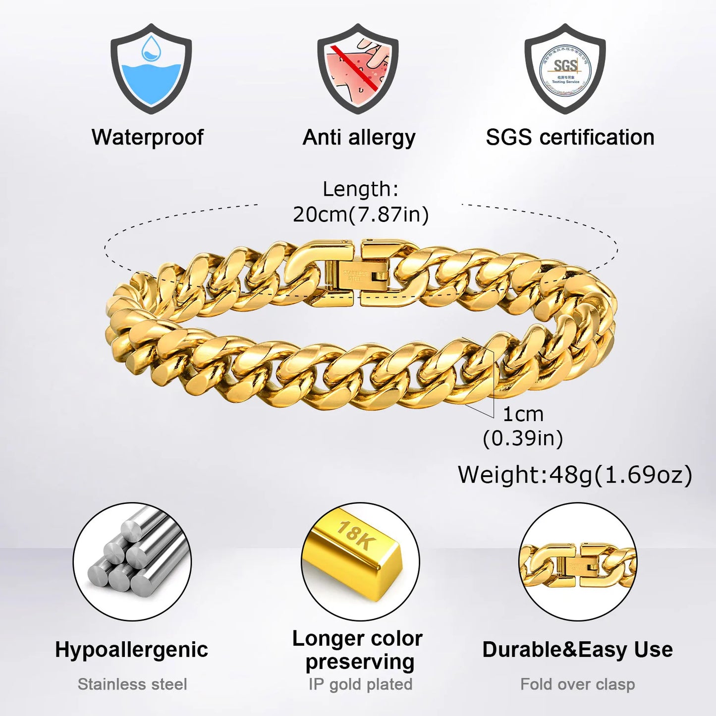 Gold color cuban chain bracelet for men 18k gold plated stainless steel hip hop male wristband with fold over clasp