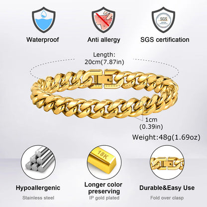 Gold color cuban chain bracelet for men 18k gold plated stainless steel hip hop male wristband with fold over clasp