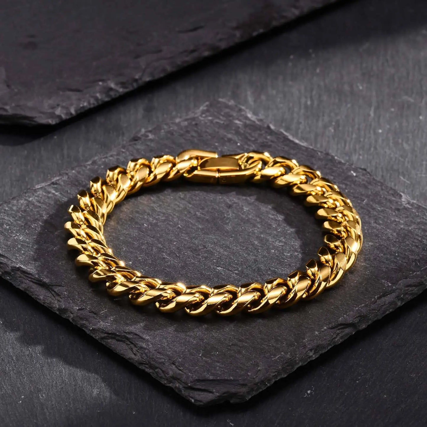 Gold color cuban chain bracelet for men with polished stainless steel hip hop male jewelry wristband