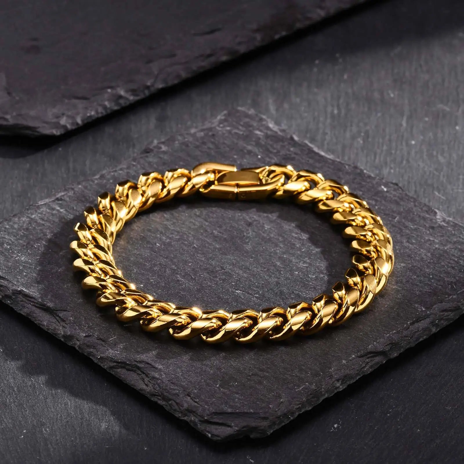 Gold color cuban chain bracelet for men with polished stainless steel hip hop male jewelry wristband