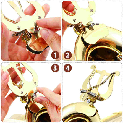 Gold-colored metal musical instruments lyre stand with curved design and adjustable clamp for golden trombone marching use