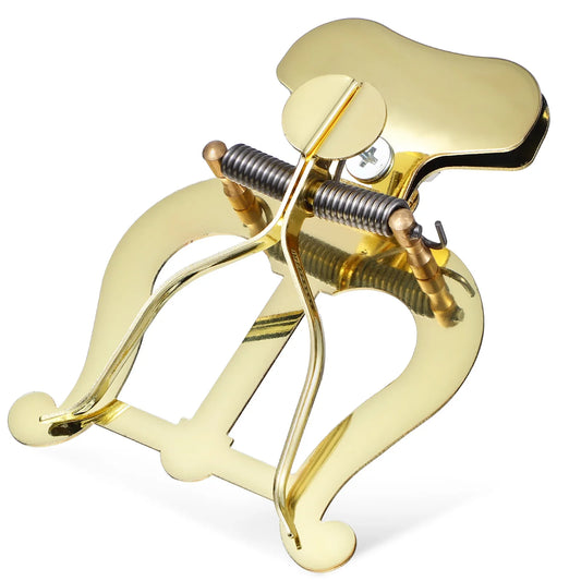 Gold-colored brass violin mute holder with polished finish and spring mechanism for golden trombone marching bands