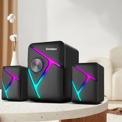 Black goldpo d26 speaker 3.1-channel system with vibrant purple and teal led lights and 360 degree surround sound bluetooth wireless stereo