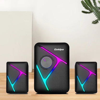 Black goldpo d26 speaker system with vibrant purple and blue led lighting and 360 degree surround sound bluetooth wireless stereo