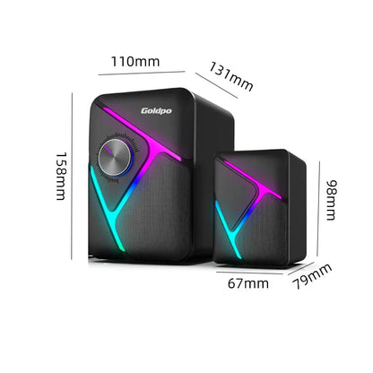 Black goldpo d26 speaker with glowing purple and blue led accents featuring 360 degree surround sound bluetooth wireless stereo