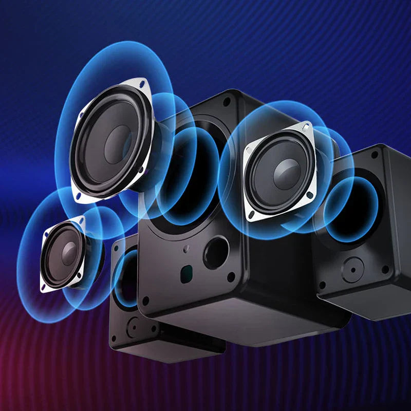 Black rectangular goldpo d26 speaker with silver-rimmed drivers and blue sound waves for 360 degree surround sound bluetooth wireless stereo