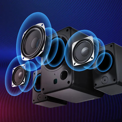 Black rectangular goldpo d26 speaker with silver-rimmed drivers and blue sound waves for 360 degree surround sound bluetooth wireless stereo