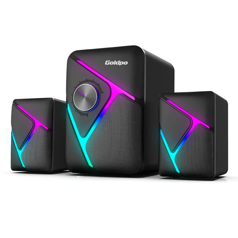 Black goldpo d26 speaker with vibrant purple and teal led lighting features 360 degree surround sound bluetooth wireless stereo