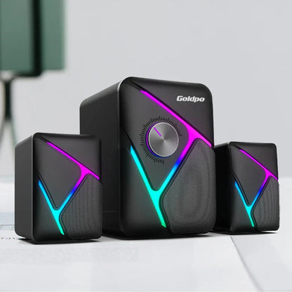 Black goldpo d26 speaker with vibrant purple and teal led lighting features bluetooth wireless stereo and 360 degree surround sound