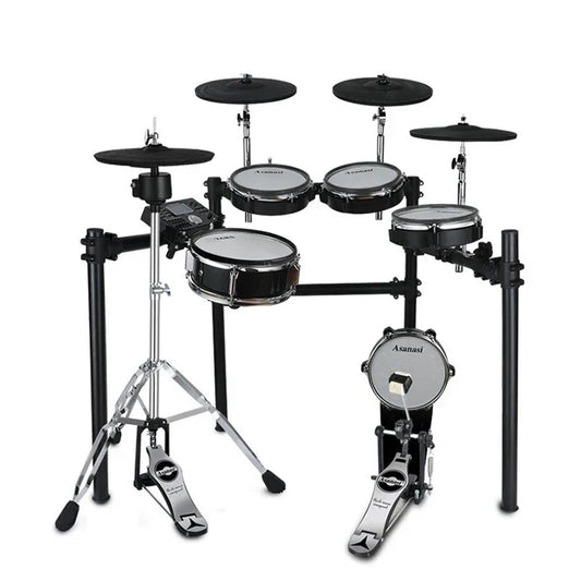 Black asanasi toy electronic drum set with silver hardware and black cymbals for kit musical instruments use