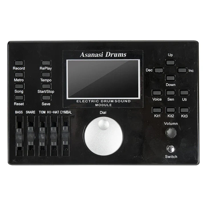 Black asanasi musical drum set with electric drum sound module, central screen, silver dial, and control buttons for kit musical instruments