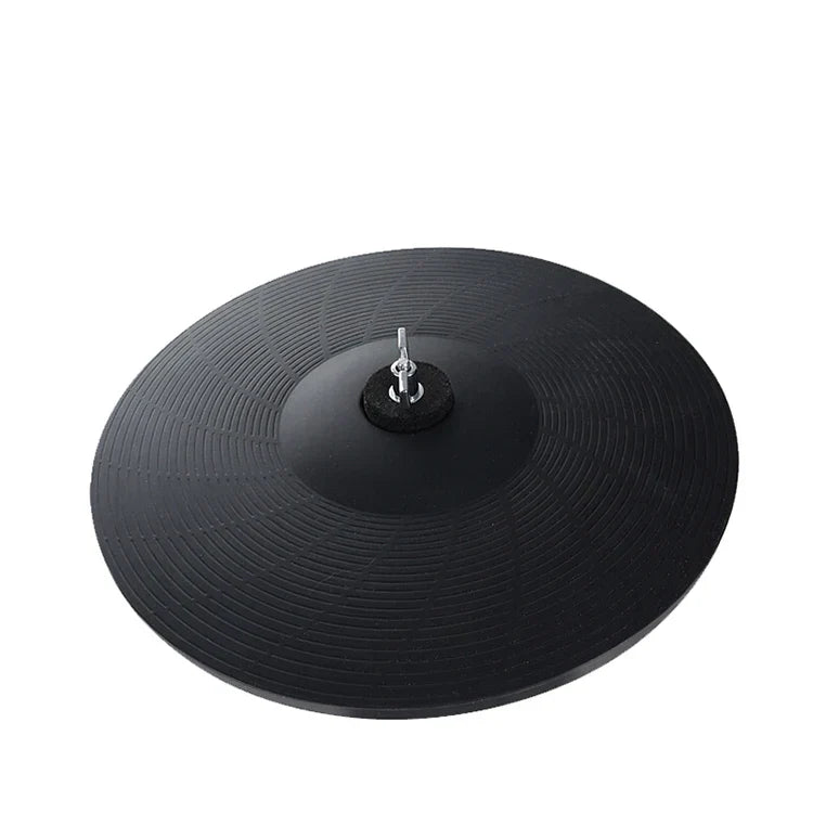 Black electronic drum cymbal with textured surface and central mounting hardware for toy electronic drum kit musical instruments