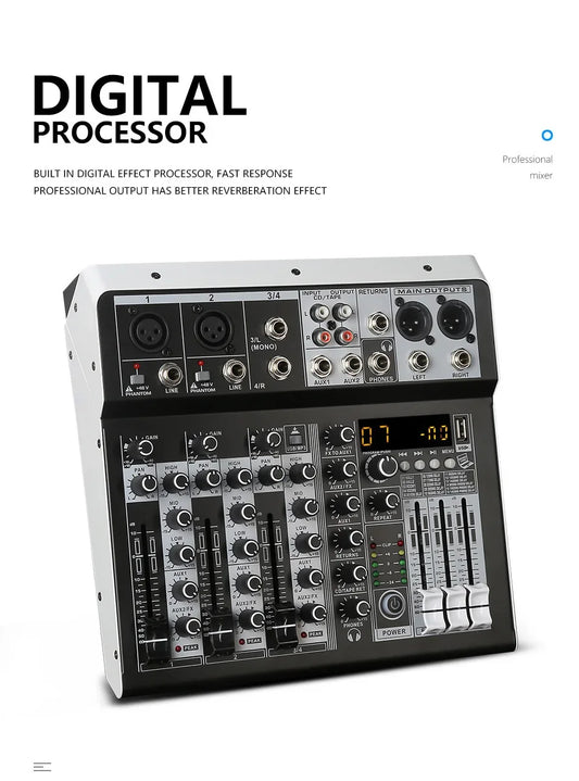 Black and silver professional audio mixer with multiple jacks, knobs, sliders, and digital display for microphone recording dsp