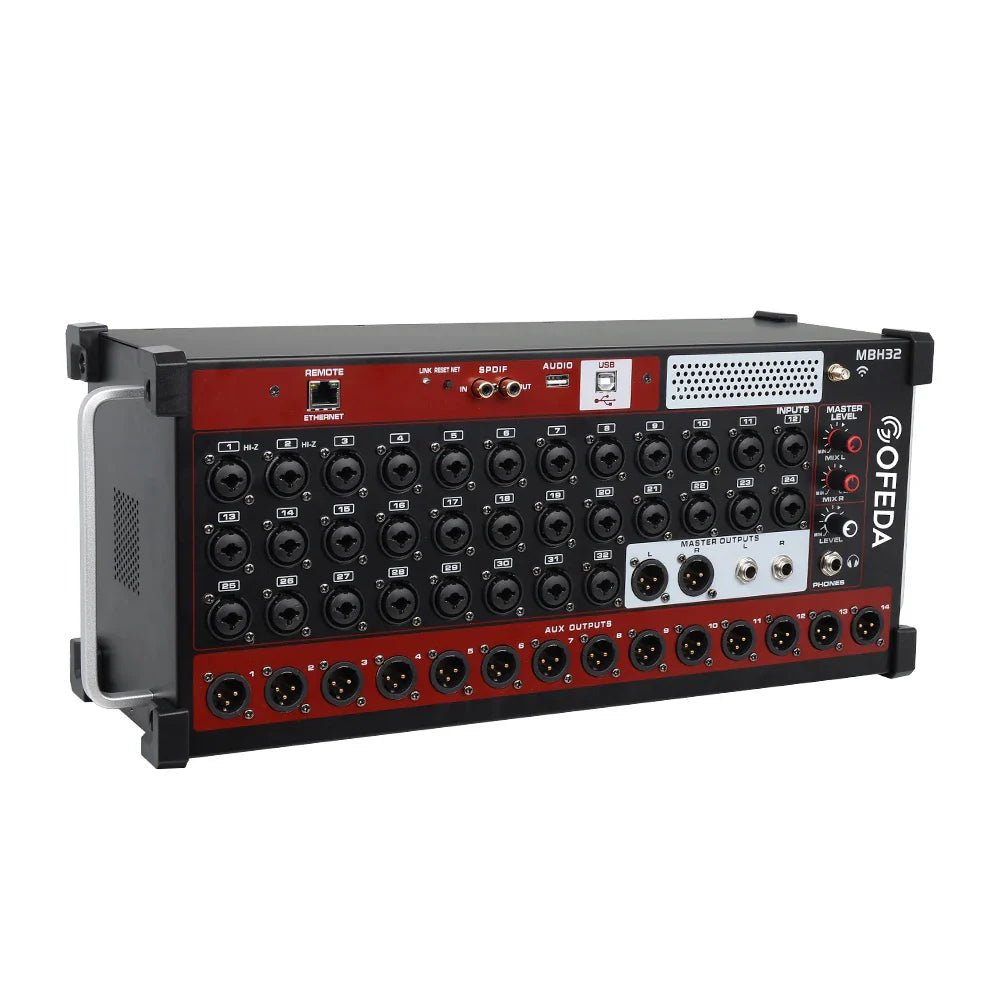 Black and red odea mbh32 professional audio mixing console with multiple xlr inputs and control knobs for dj use