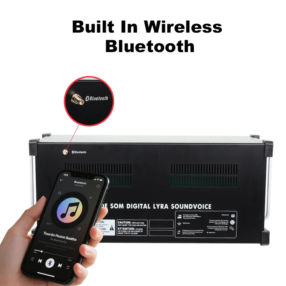 Black GOOERMI AFS32 professional digital mixer with built-in wireless Bluetooth and ventilation grilles on back panel