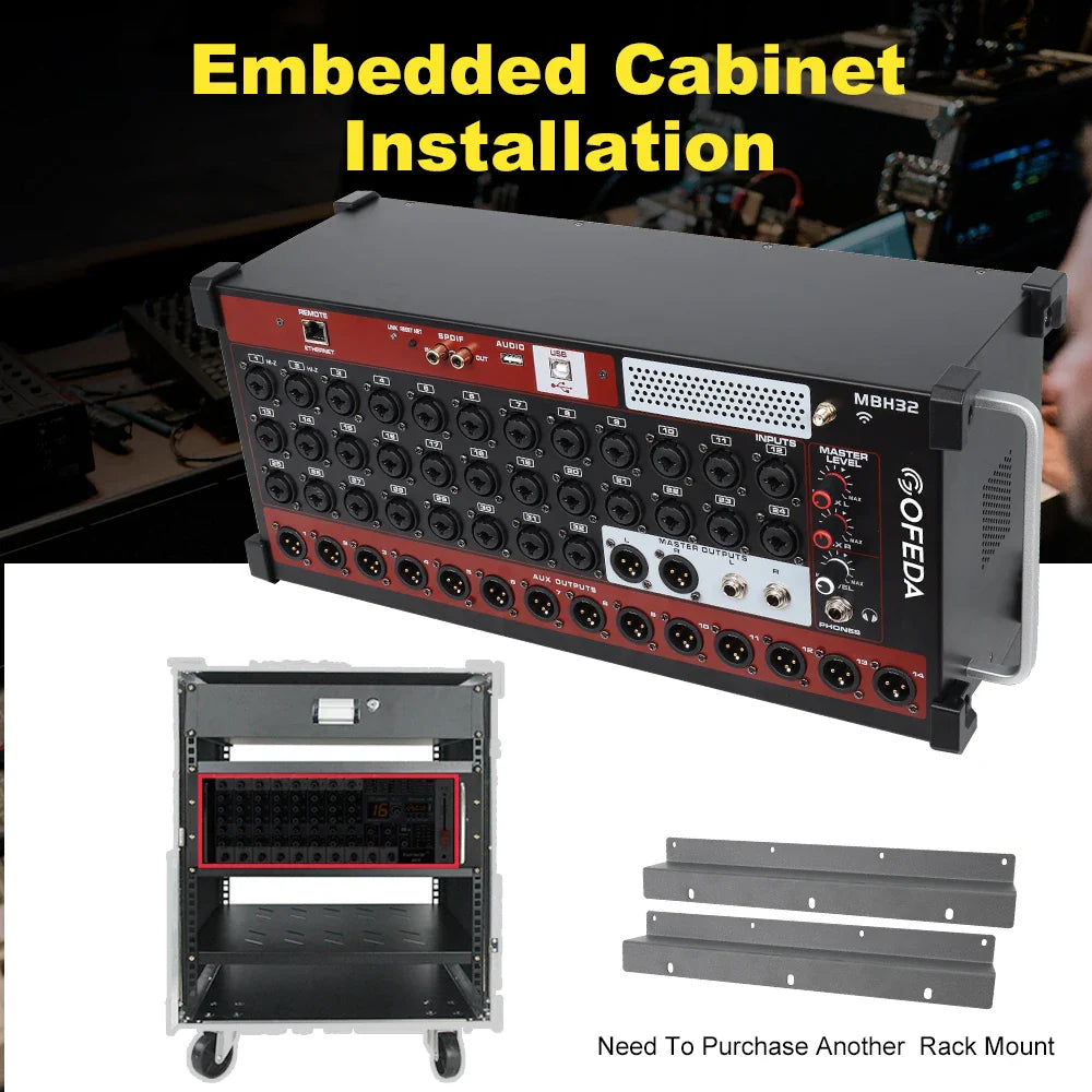 Black and red obeda mbh32 professional digital audio mixer with multiple xlr inputs outputs and control knobs for dj mixing