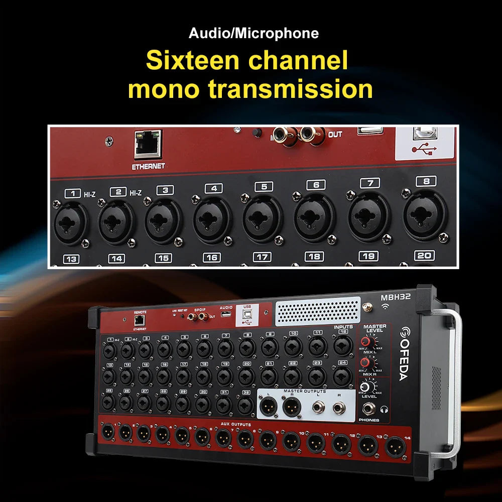 Black and red GOOERMI AFS32 professional digital mixer with sixteen channel mono transmission and labeled I/O jacks and knobs