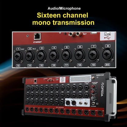Black and red GOOERMI AFS32 professional digital mixer with sixteen channel mono transmission and labeled I/O jacks and knobs