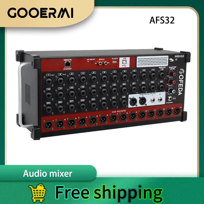 Black and red gooermi afs32 professional digital mixer with 32 channels multiple xlr inputs and control knobs