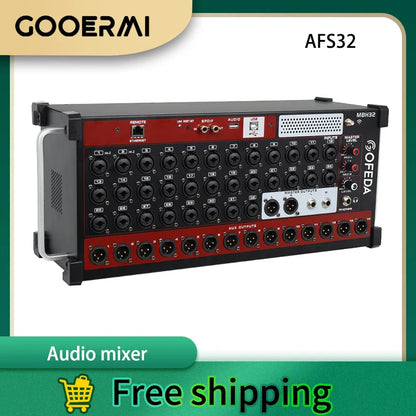 Black and red gooermi afs32 professional digital mixer with 32 channels multiple xlr inputs and control knobs