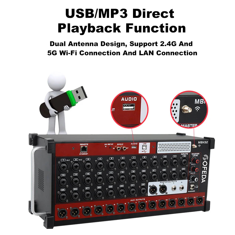 Black and red sofeda mbh32 audio mixer with multiple input output ports and usb mp3 playback capability for dj use