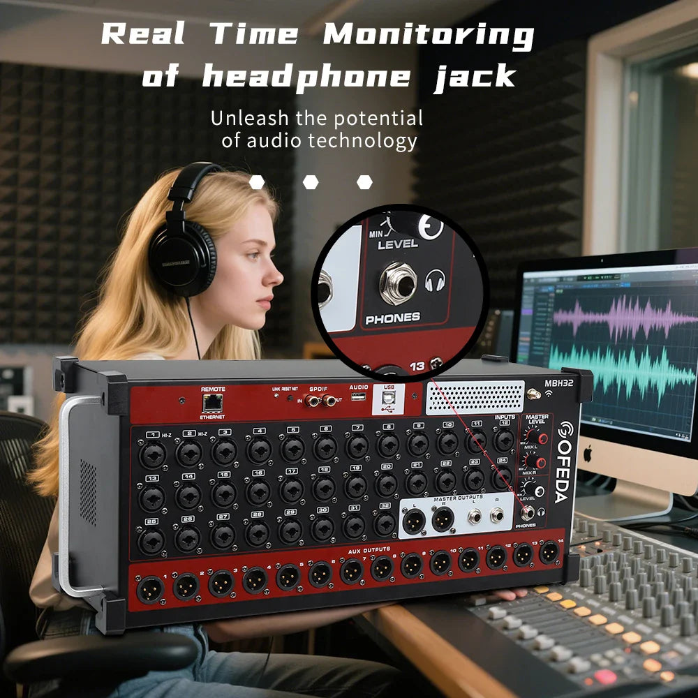 Red and black obeda mbh32 audio mixing console with multiple input output jacks for professional dj sound mixing