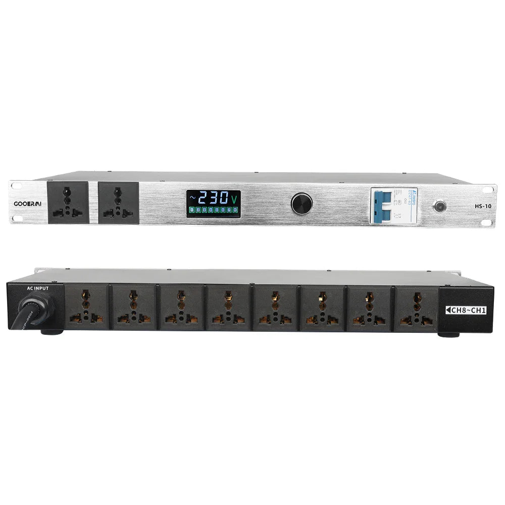 Silver and black metal GOOERMI HS-10 professional audio power supply sequencer with digital voltage display for stage engineering conference use