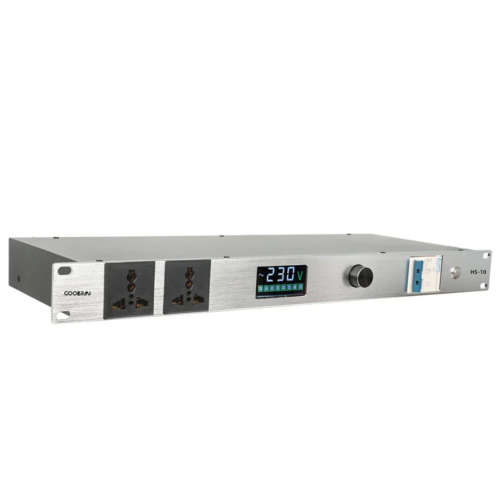 Silver metallic rack-mount professional audio power supply sequencer with digital voltage display and usb ports for stage engineering conference use