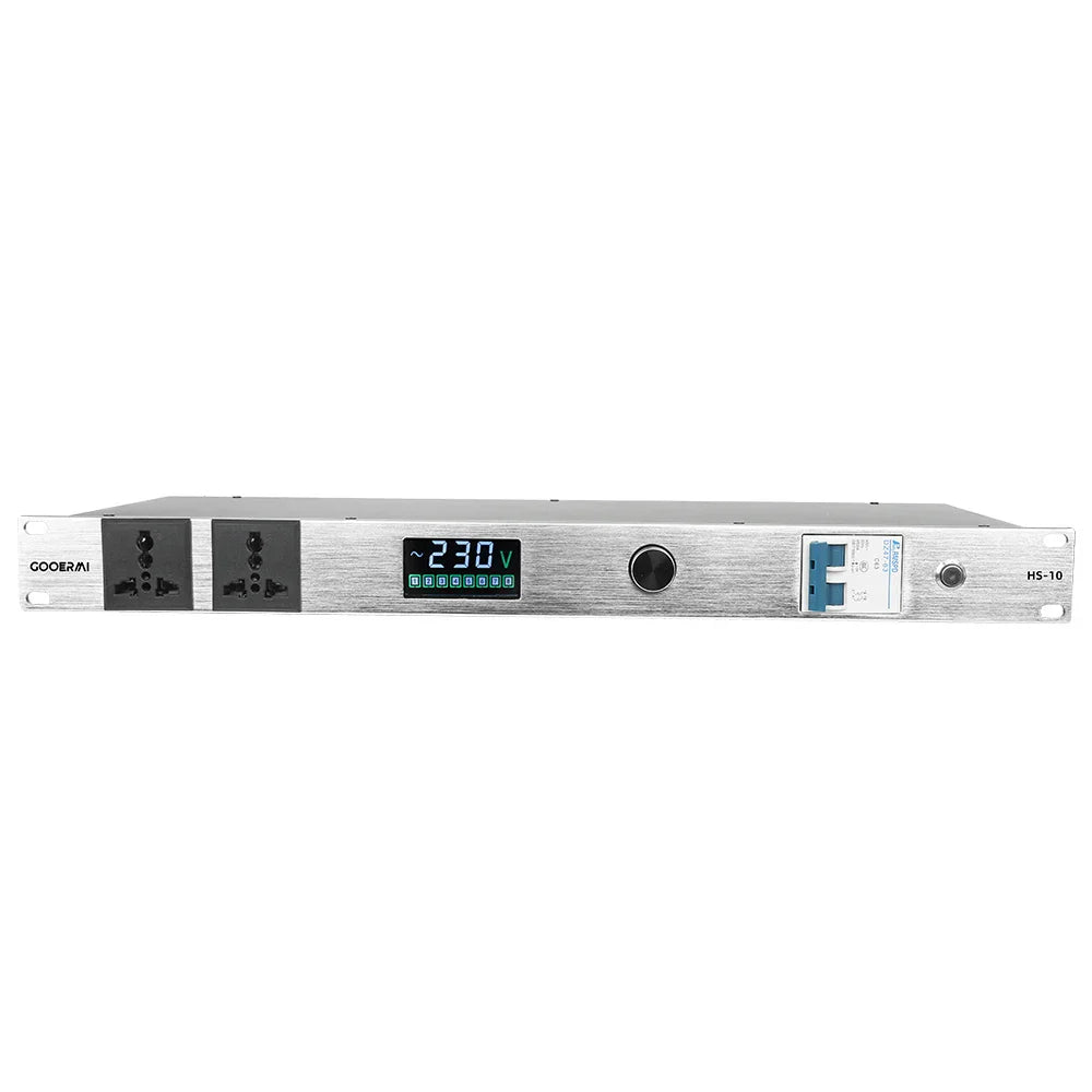 Silver brushed metal professional audio power supply sequencer with 230v display and blue network ports for stage engineering conference