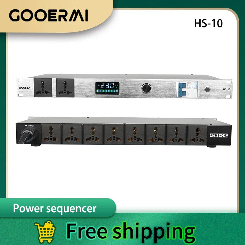 Silver and black gooermi hs-10 professional audio power supply sequencer with digital voltage display for stage engineering conference