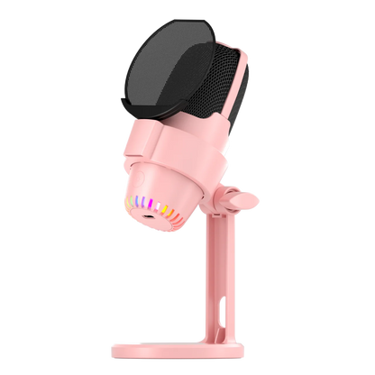 Pink gooermi m9 professional wired desktop microphone with black mesh pop filter and rainbow led lights for portable live stream