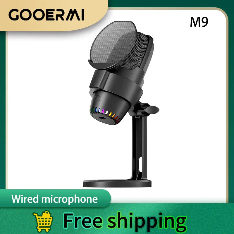 Black gooermi m9 professional wired microphone with mesh grille and colorful led ring for portable live stream use