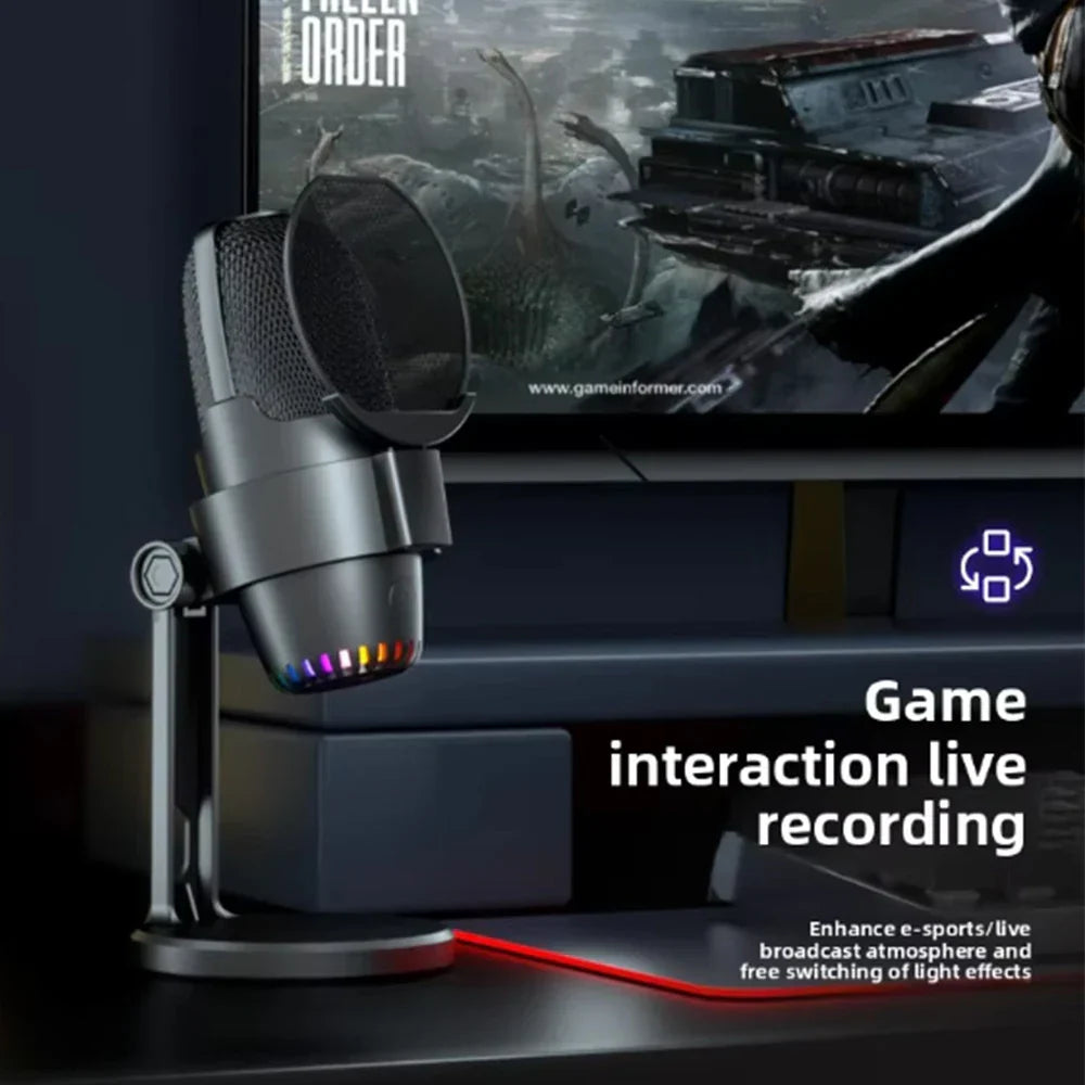 Black gooermi m9 professional wired gaming microphone with mesh grille rgb lighting on adjustable stand for portable live stream