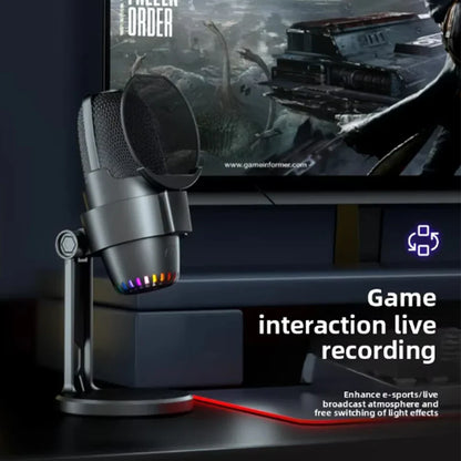 Black gooermi m9 professional wired gaming microphone with mesh grille rgb lighting on adjustable stand for portable live stream
