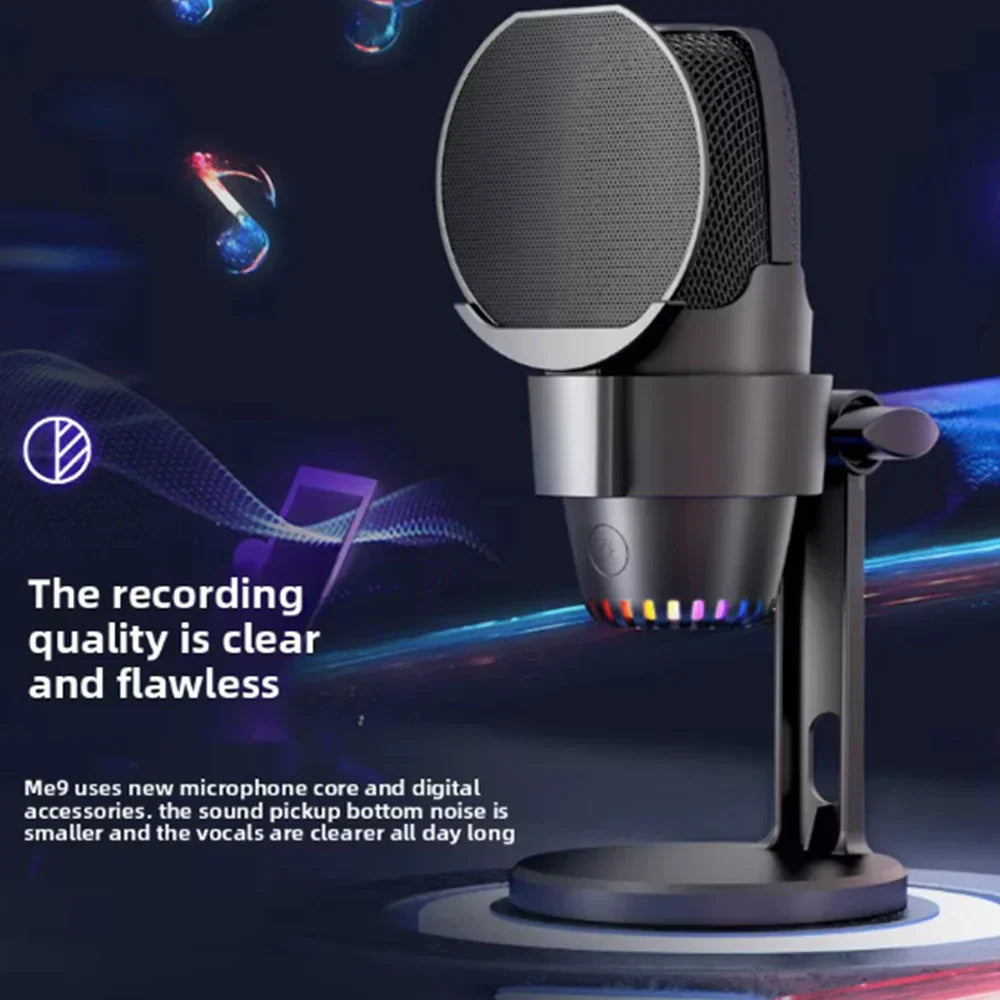 Black and silver gooermi m9 professional condenser microphone with pop filter rainbow led and sturdy stand for portable live stream