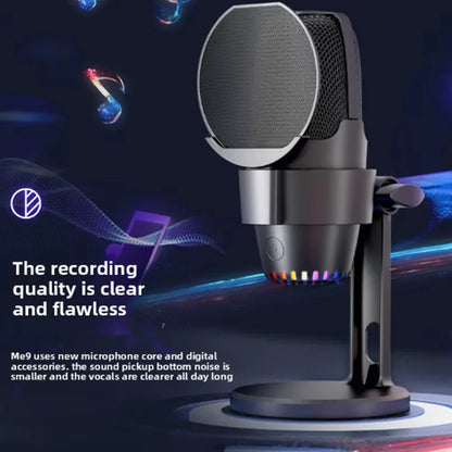 Black and silver gooermi m9 professional condenser microphone with pop filter rainbow led and sturdy stand for portable live stream