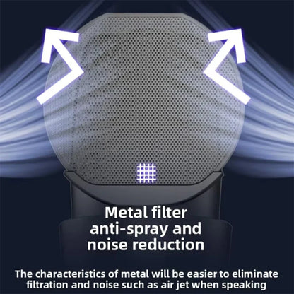 Gray perforated metal filter with grid pattern for anti-spray noise reduction in gooermi m9 professional podcast equipment