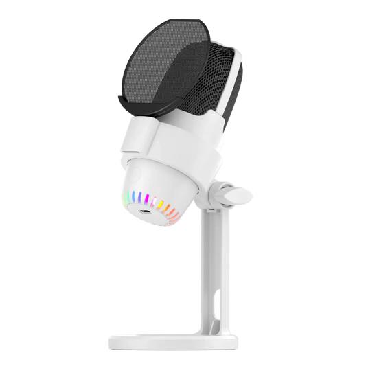 White Razer Seiren X wired condenser microphone with black mesh pop filter and rainbow LED for gooermi m9 professional podcast equipment