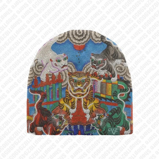 Vibrant pullover kpop harajuku beanie with east asian mythological tigers and cats in bold colors for unisex streetwear y2k