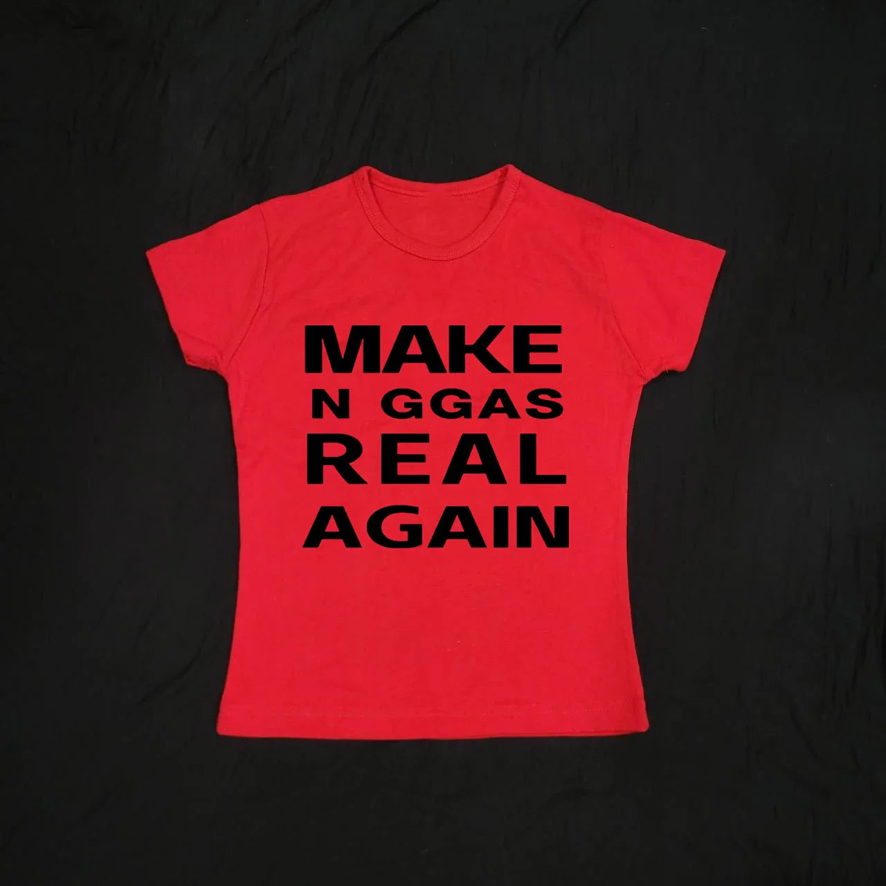 A vibrant red gothic hip hop chic y2k retro short sleeve t-shirt with bold black harajuku punk letter print