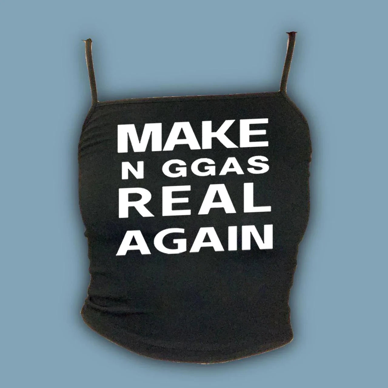 Black spaghetti strap crop top with bold white make n ggas real again text in chic y2k retro gothic hip hop style