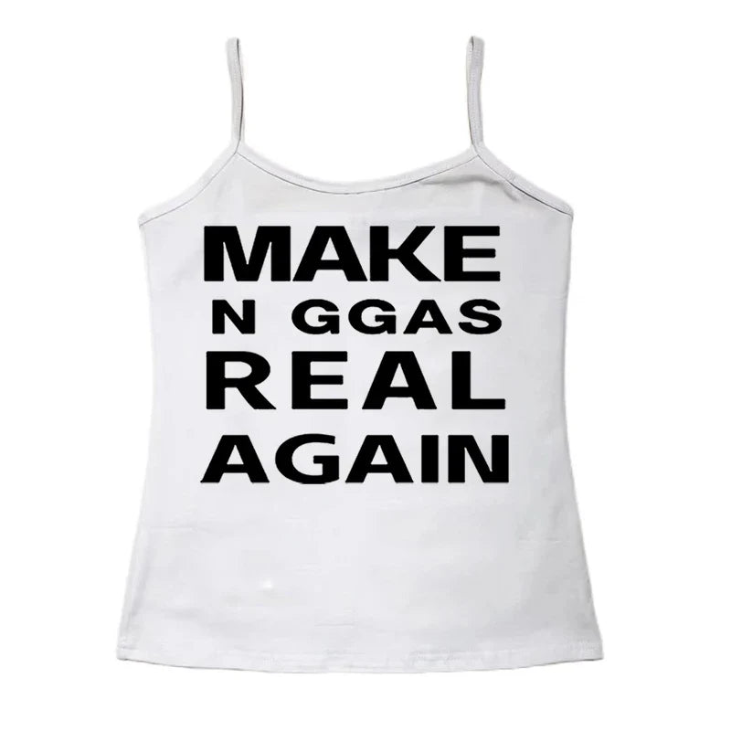 White spaghetti strap tank top with bold black gothic hip hop harajuku punk letter print casual crop design