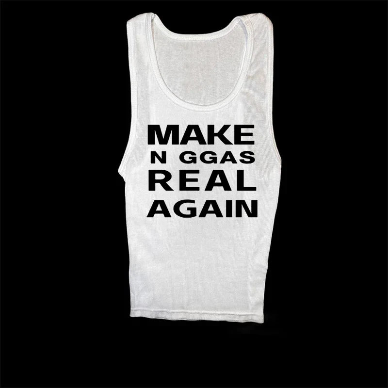 White ribbed tank top with bold black harajuku punk letter print for chic y2k retro gothic hip hop streetwear
