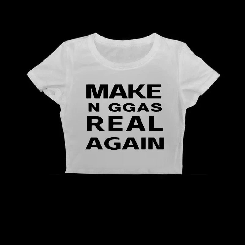 White cropped t-shirt with bold black gothic hip hop harajuku punk letter print for chic y2k retro streetwear