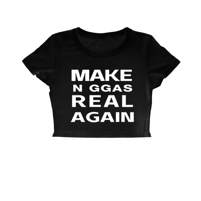 Black cropped t-shirt with bold white harajuku punk letter print and gothic hip hop chic y2k retro style for women