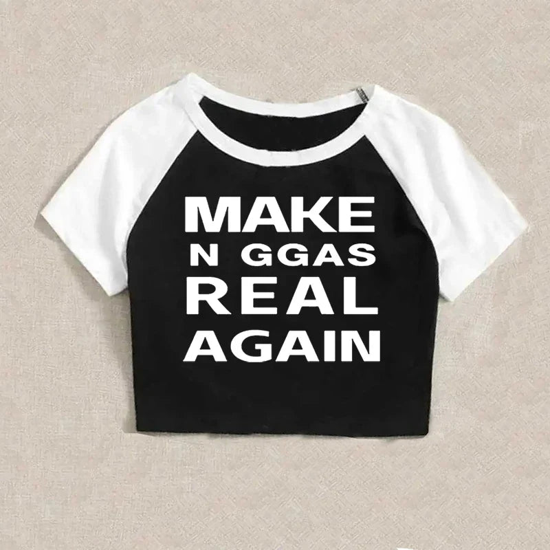 Black and white raglan crop top with bold white gothic hip hop harajuku punk letter print for chic y2k retro style