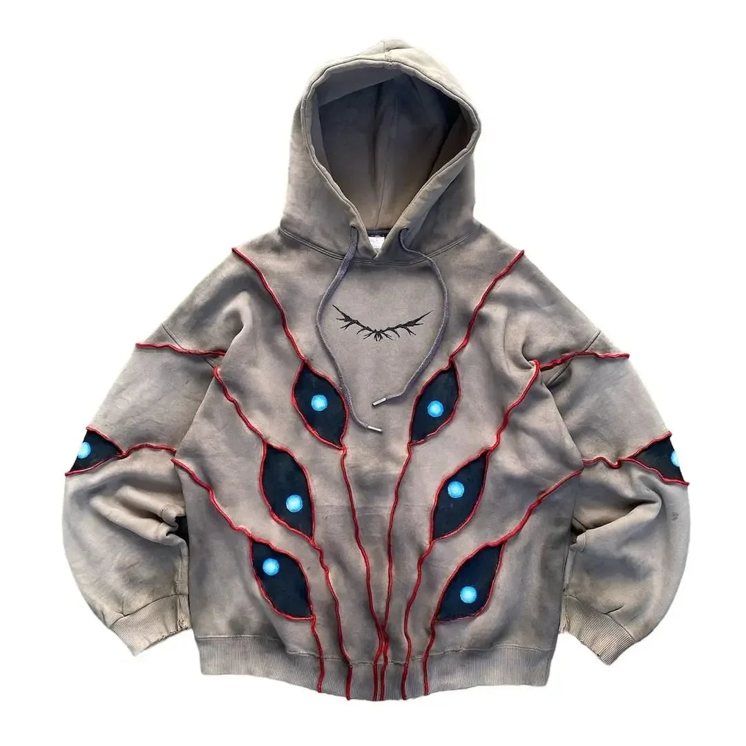 Gray hoodie with red stitching and glowing blue gothic punk eye patches in pattern patchwork hoodies women y2k style