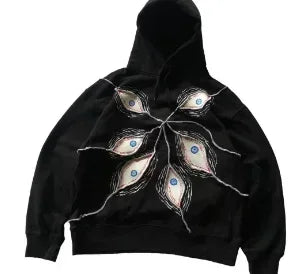 Black gothic punk eye pattern patchwork hoodie featuring white and silver embroidered feather-like eyes for hoodies women y2k