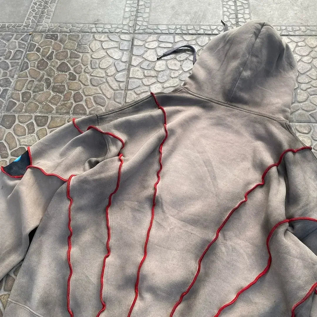 Gray hoodie with bold red stitching and drawstring hood in gothic punk eye pattern patchwork hoodies women y2k style